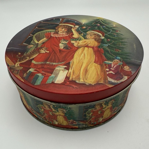 4 Vtg Christmas Metal Cookie Candy Tins Round MCM Santa Bear Toy Winter Snow - Picture 9 of 14